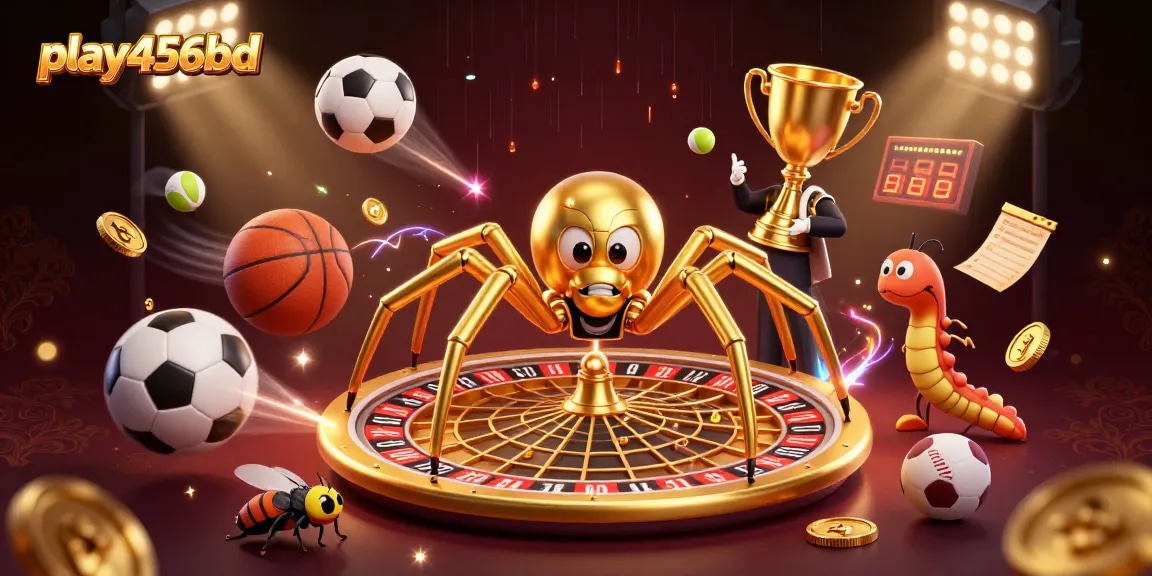 play456bd features a vibrant illustration of a golden spider and centipede croupier at a roulette wheel