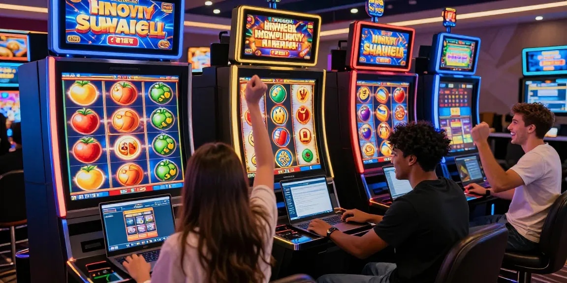 Slot88 permainan online dengan pemain merayakan kemenangan dalam suasana ceria dan penuh warna.