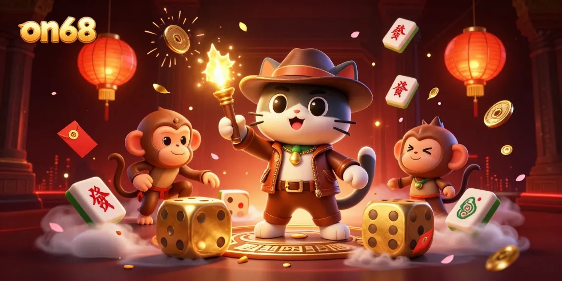 Witness the on68 explorer cat unraveling hidden casino treasures in a vibrant temple scene.