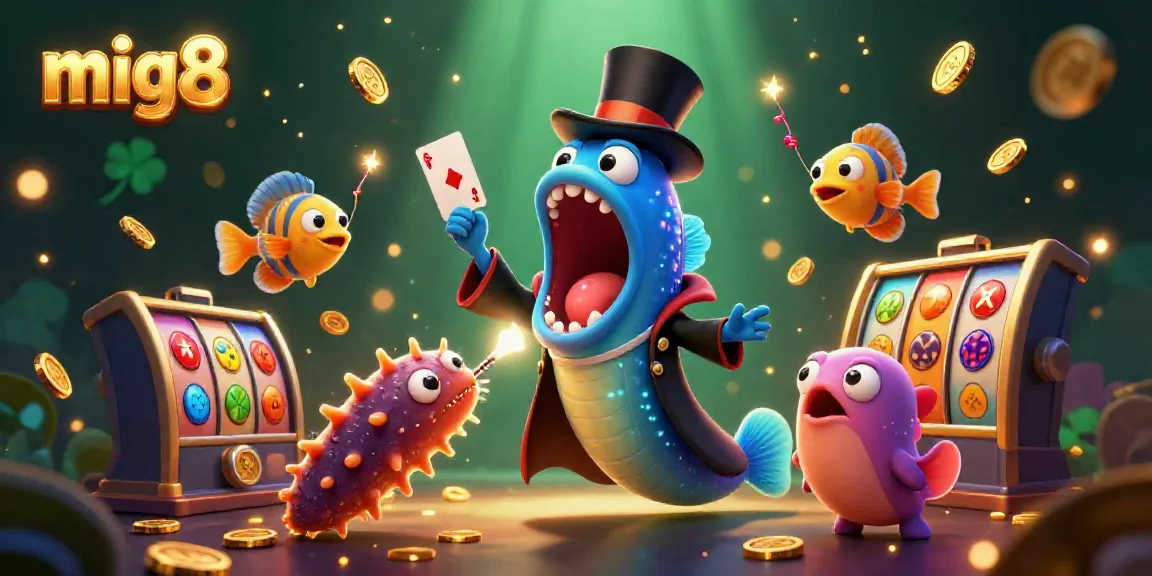 This dynamic scene showcases mig8 with a bioluminescent deep-sea gulper eel performing card tricks in a vibrant casino atmosphere.