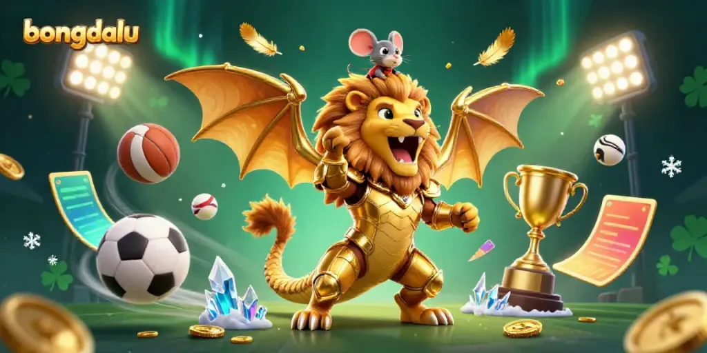 Engage with bongdalu's vibrant sports betting scene featuring a golden chimera and a mouse jockey.