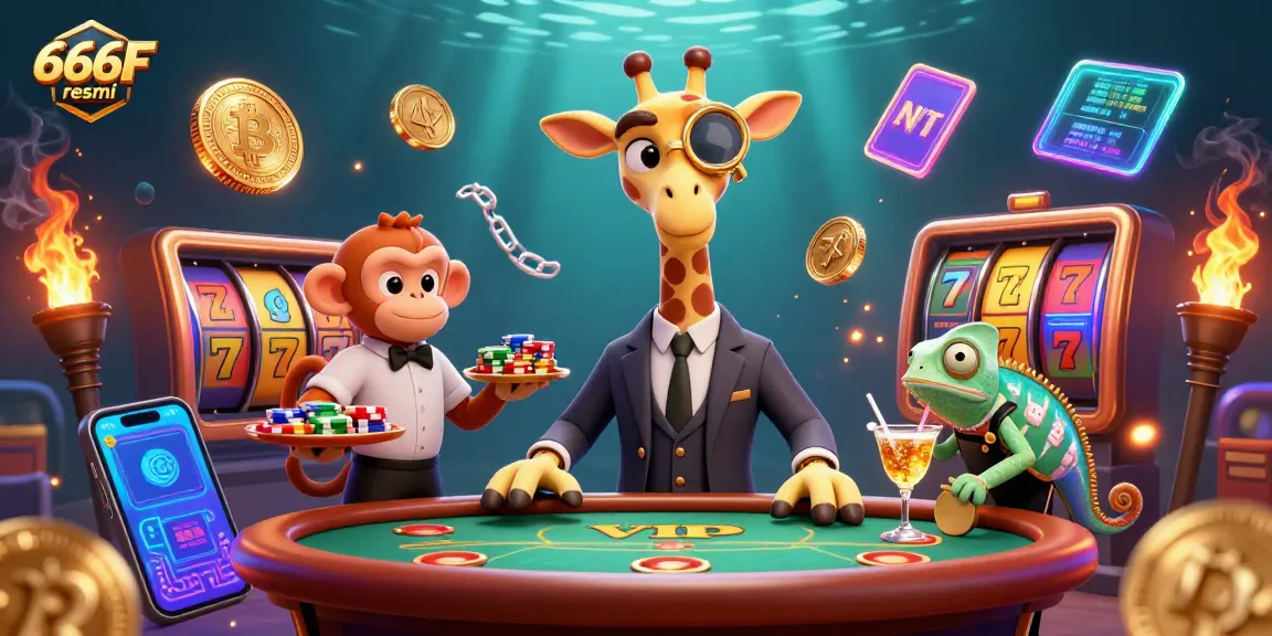Engage with exciting games like slots at 666F resmi, featuring vibrant characters in a dynamic casino scene.