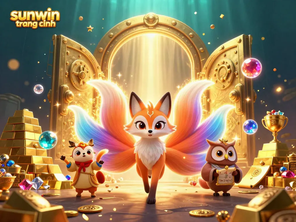Experience the colorful magic of sunwin trang chính with a vibrant nine-tailed fox and wise owl surrounded by riches.
