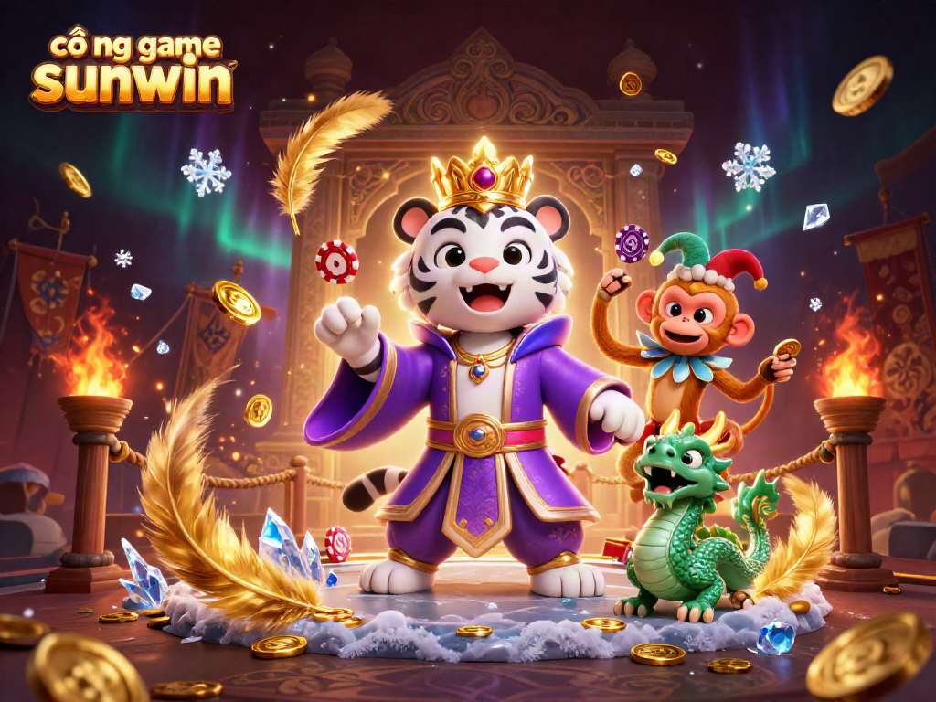 Engage with cổng game sunwin featuring an elegant white tiger and golden monkey surrounded by casino elements.