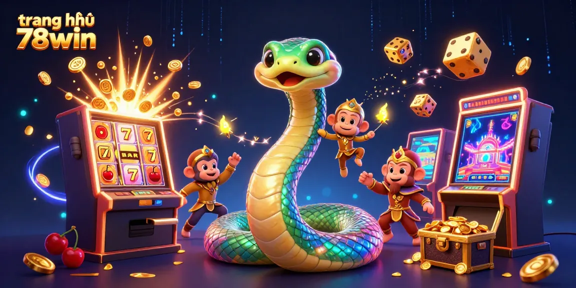 Engage in thrilling gameplay at trang chủ 78win as a vibrant 3D illustration showcases slot machines, golden coins, and exciting casino elements.