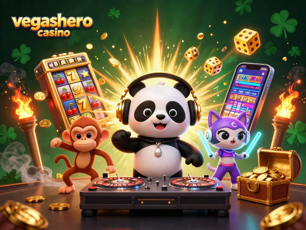 Experience the excitement of vegashero casino with vibrant 3D characters and a slot machine jackpot explosion.