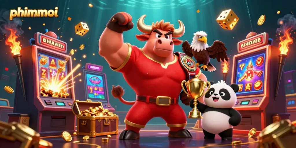 Experience thrilling casino action with phimmoi’s 3D illustration featuring a bull mascot and casino games.