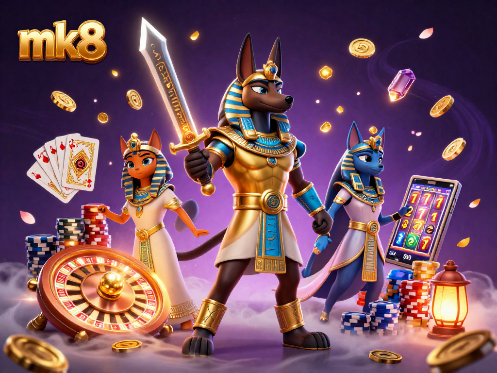 Experience the thrill of mk8 with Anubis and Bastet amid vibrant casino action.
