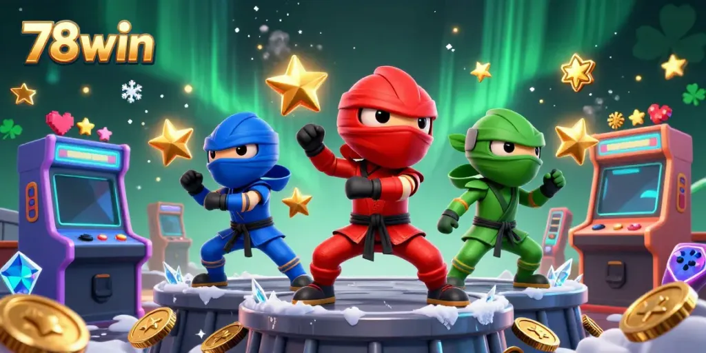 78win showcases a vibrant Chameleon team of three performing martial arts poses amidst a bustling casino arcade.
