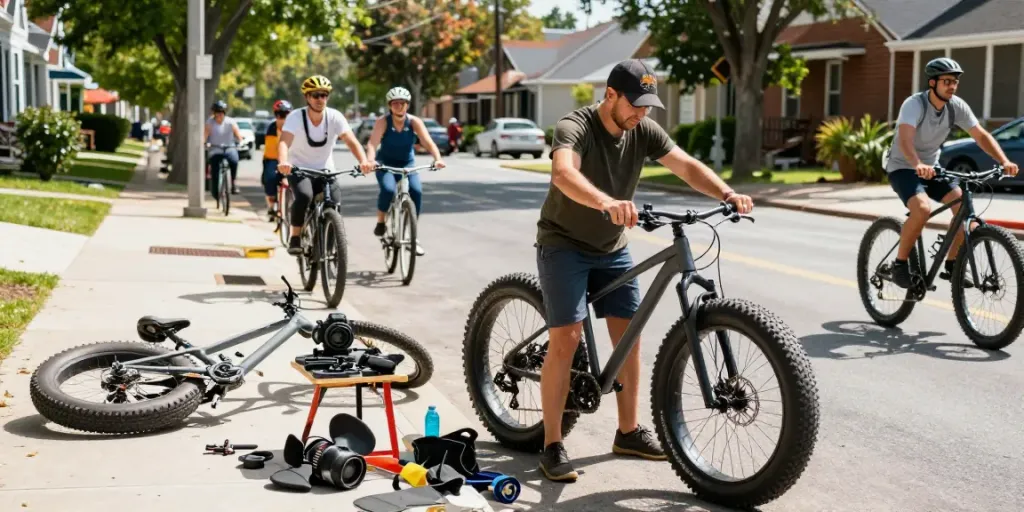 Fatbike onderdelen worden gerepareerd door een monteur in de buurt, met een gezellige sfeer.