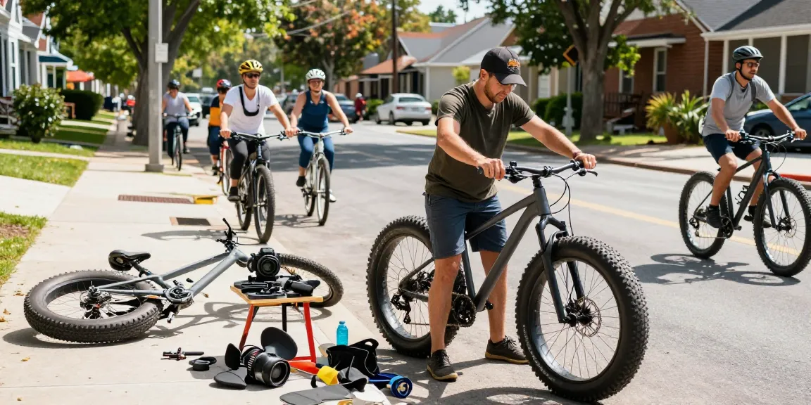 Fatbike onderdelen worden gerepareerd door een monteur in de buurt, met een gezellige sfeer.