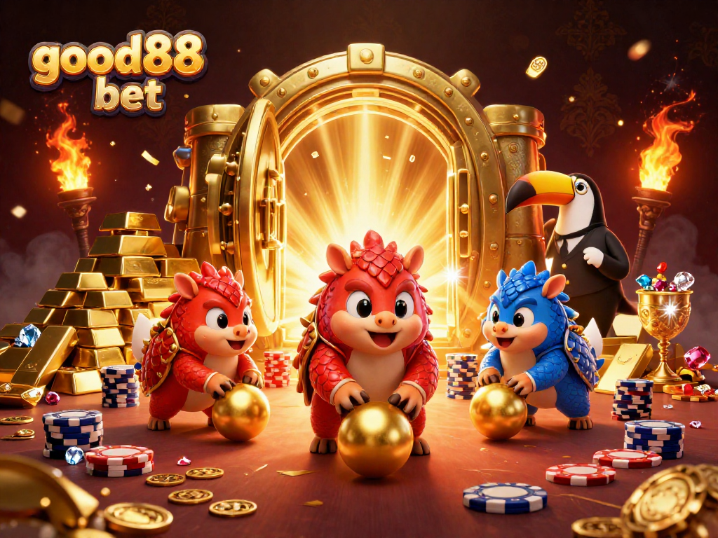 Engage with good88 bet in an exciting casino scene featuring vibrant pangolins, poker chips, and treasures.