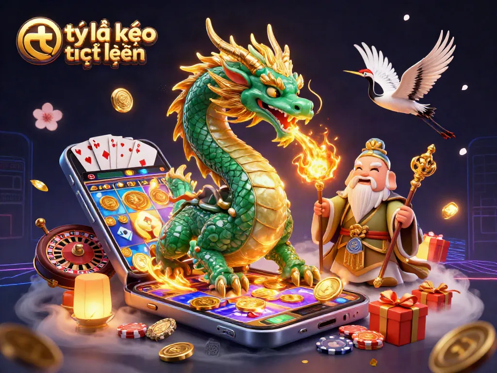 Visualize tỷ lệ kèo trực tuyến with iconic dragon, turtle sage, and cranes amidst vibrant gaming elements.