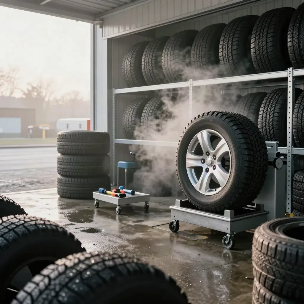 Open bandenservicebay met winterbanden, balanceermachine en opslagrekken in mistig ochtendlicht.