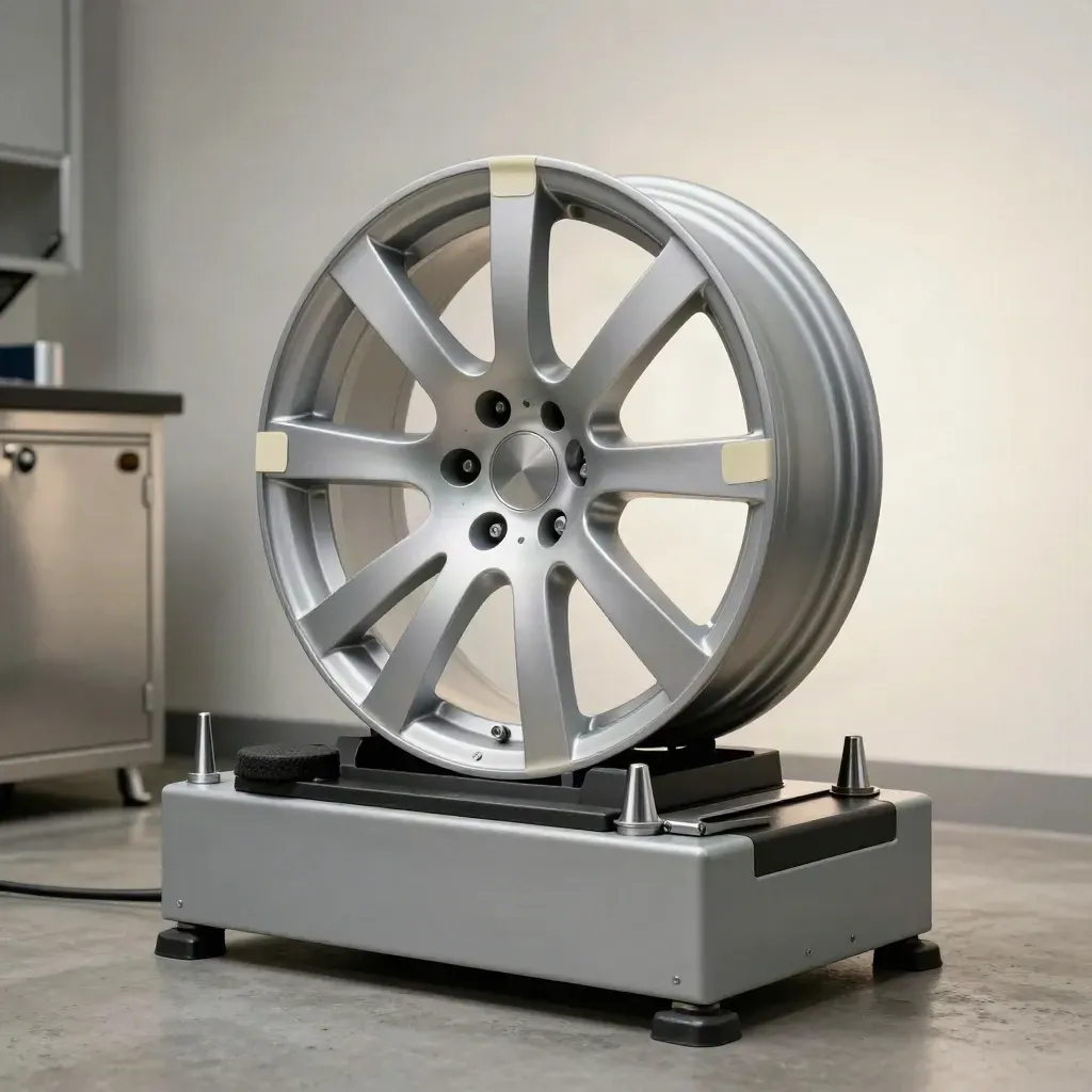 Balansmachine met lichtmetalen velg en balanceergewichten in een moderne werkplaats