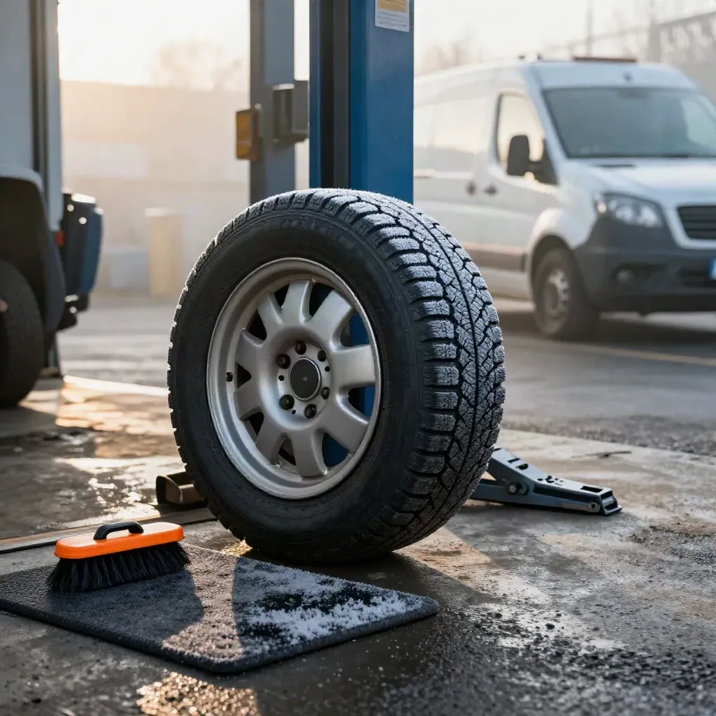 Winterbanden op stalen velgen bij de werkplaatsingang in koude ochtendmist.