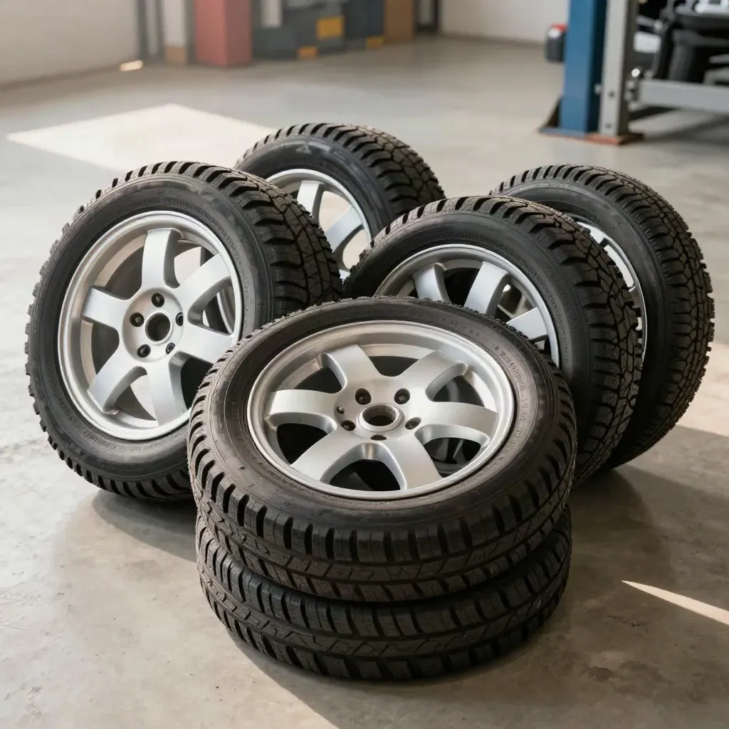 Vier winterwielsets in een lichte werkplaats, klaar voor montage op een frisse ochtend.