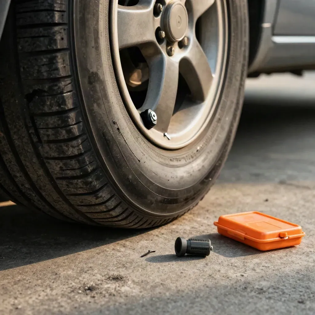 Gerepareerde autoband met plug, los spijkertje en patchkit op de werkvloer.