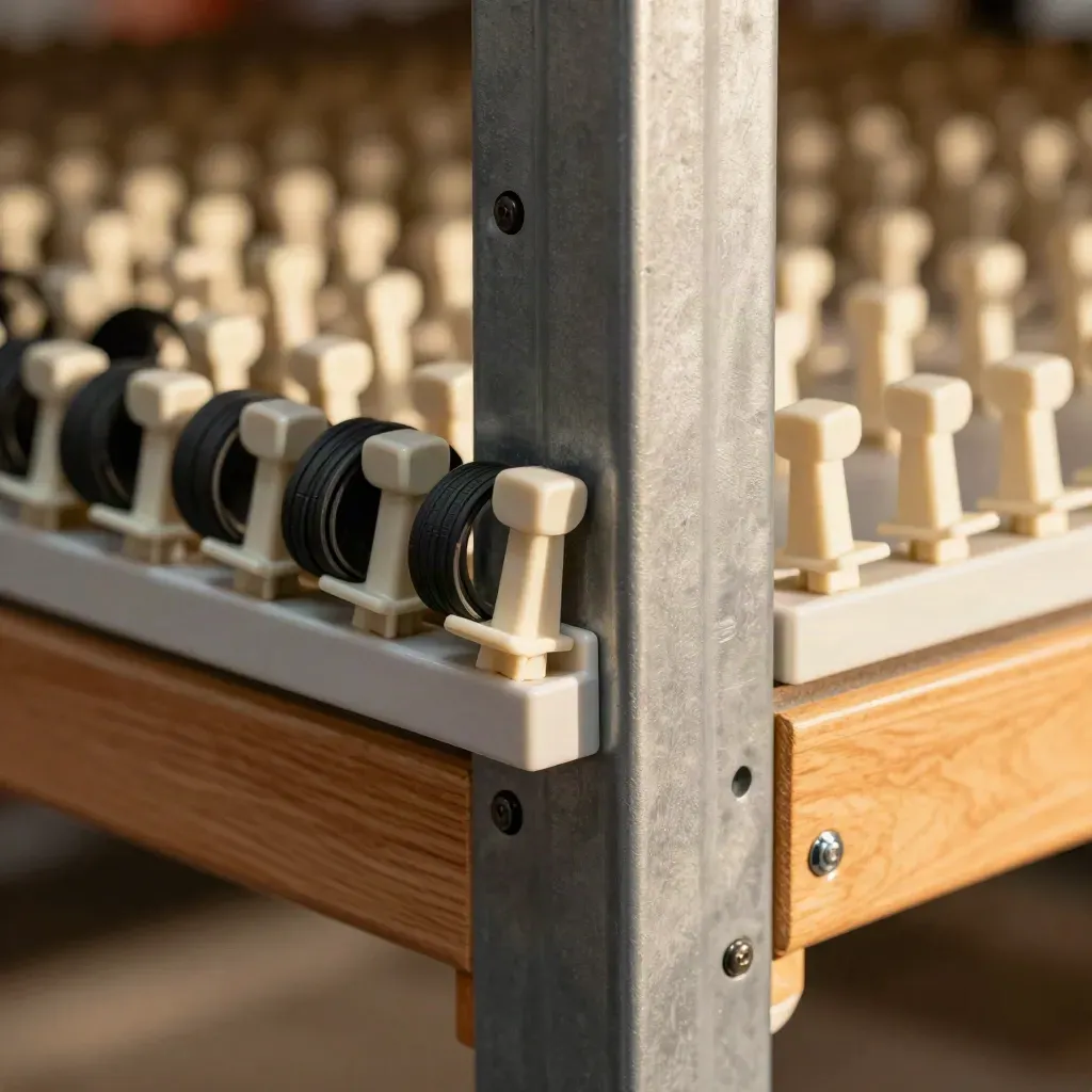 Close-up van rekhoek in de bandenopslag met witte pegs, rubberbanden en afstandshouders.