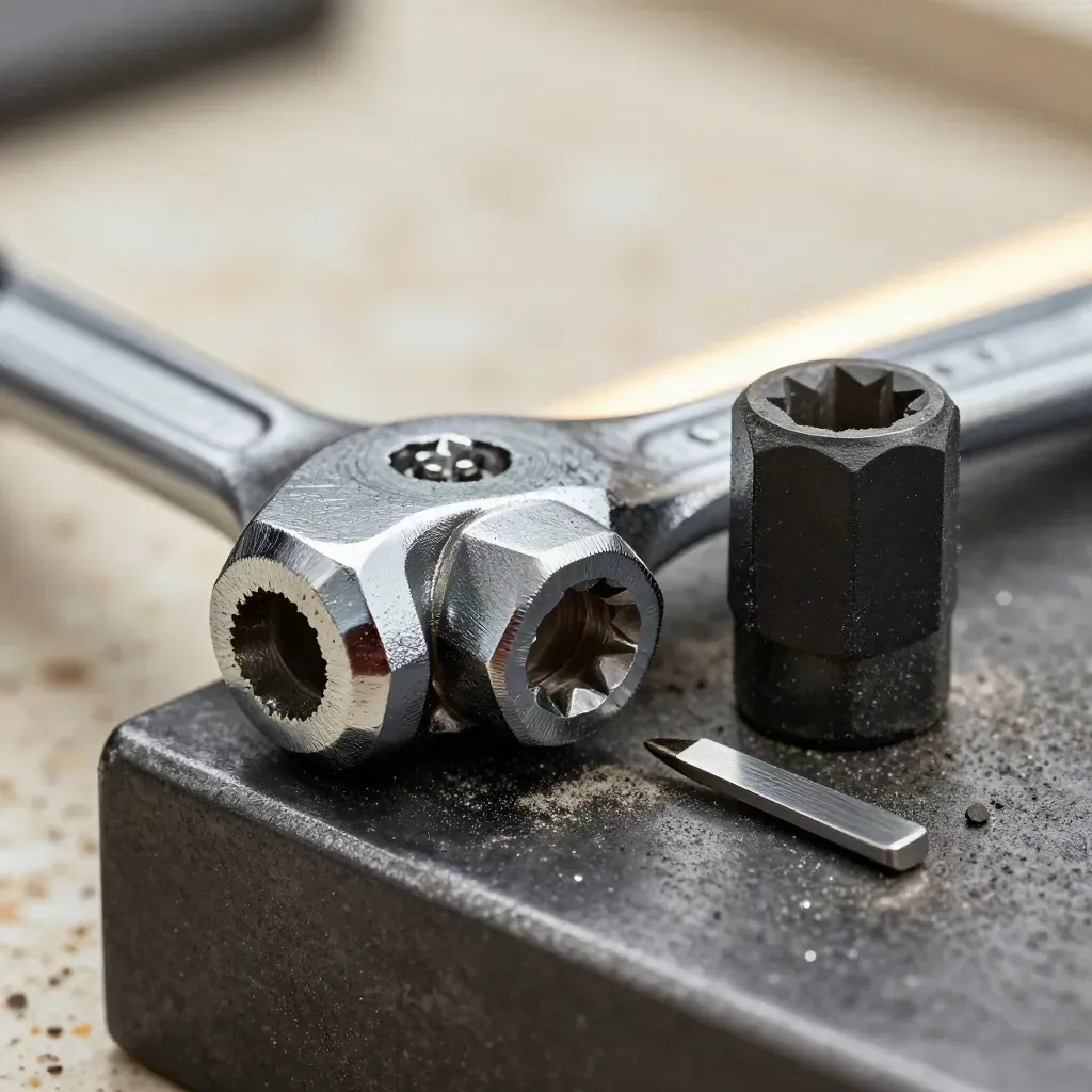 Torque wrench, wielmoerdop en profieldieptemeter op een antraciet stalen werkbank.