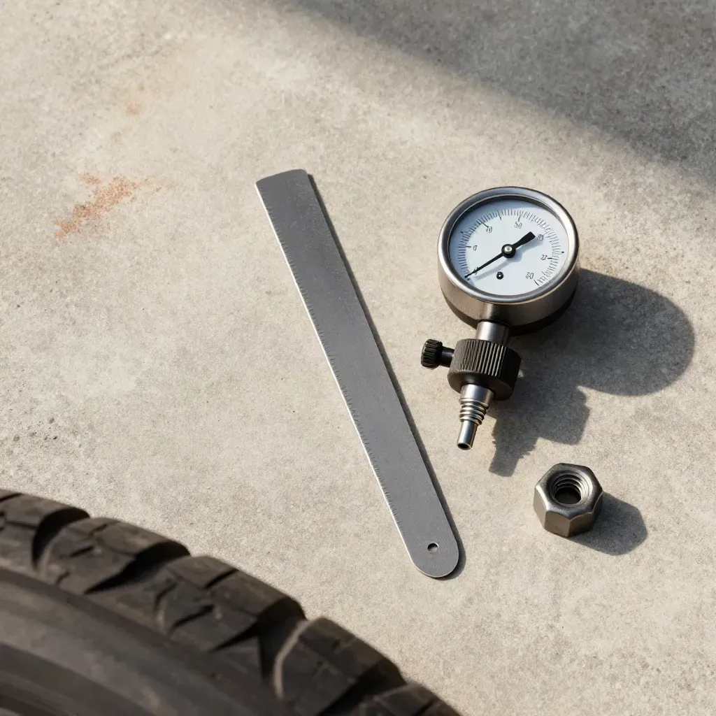 Bovenaanzicht van meetgereedschap voor bandencontrole op een betonnen werkblad.