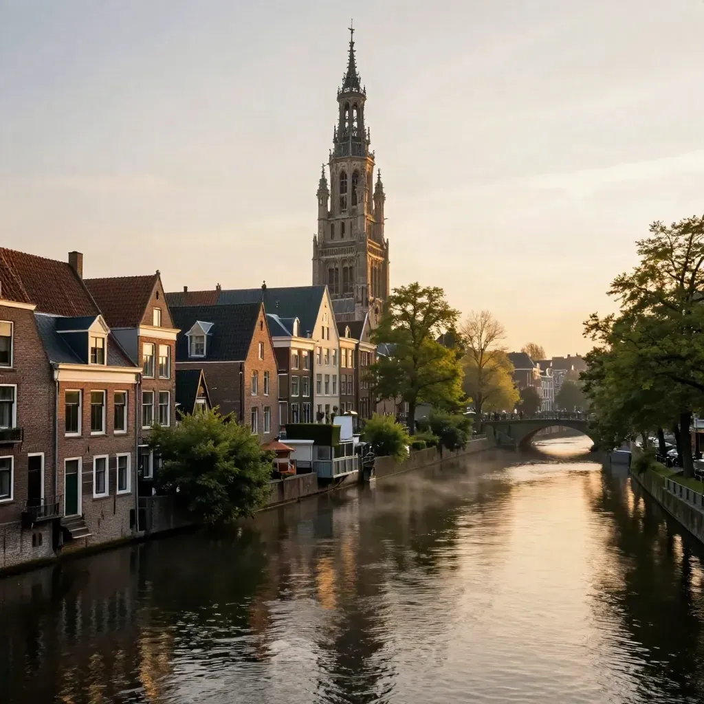 Domtoren boven Utrechtse grachten in warm gouden avondlicht met rustige waterweg