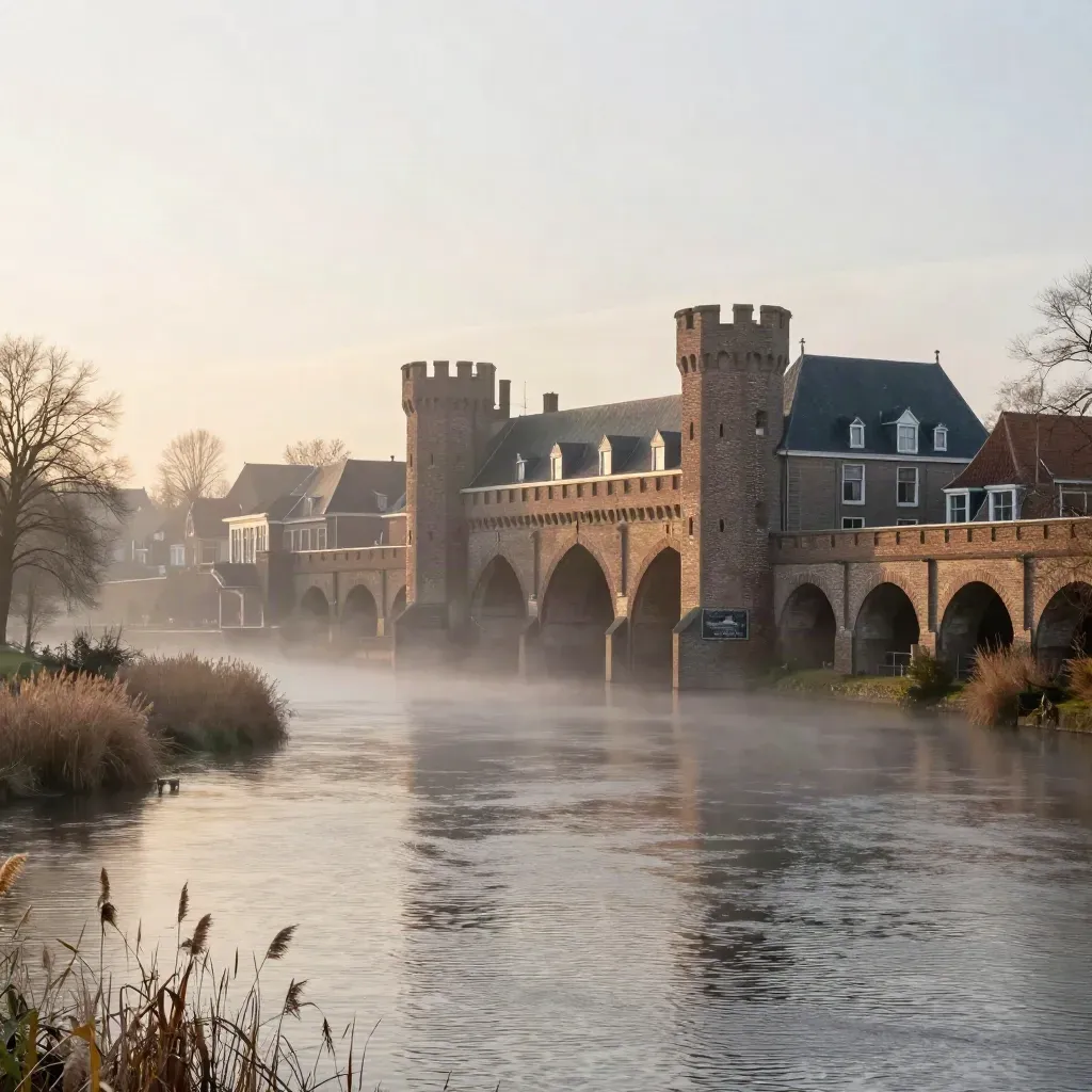 Koppelpoort in ochtendmist boven de Eem, met stille rivier en oud Amersfoorts skyline.