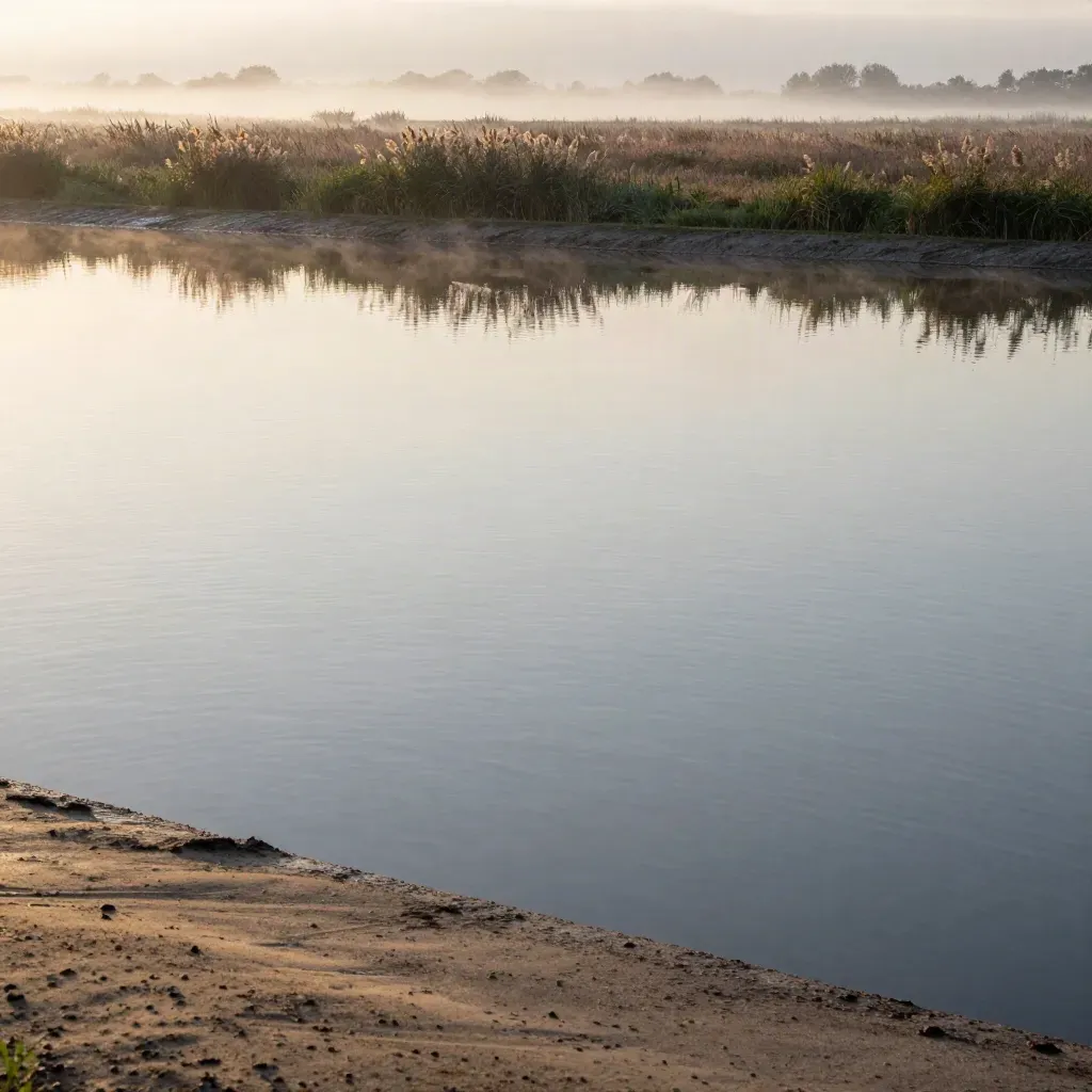 Mistig Flevolands polderwater met riet en dijk in zacht zonsopganglicht.
