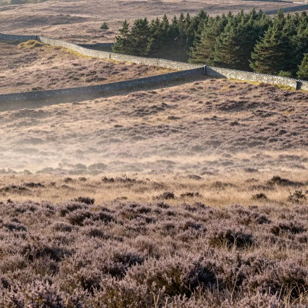 Heide in het Gooi met dennenrand en lage buitenmuur in zacht avondlicht.