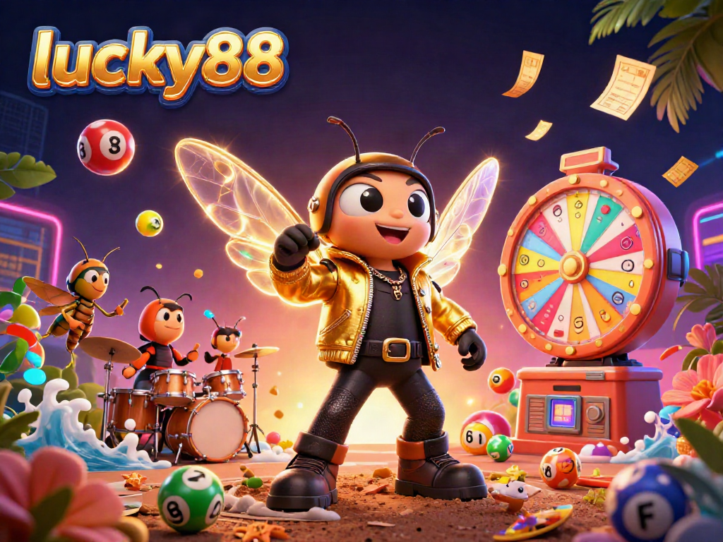 Engaging lucky88 gaming scene with vibrant lottery elements and animated characters performing.