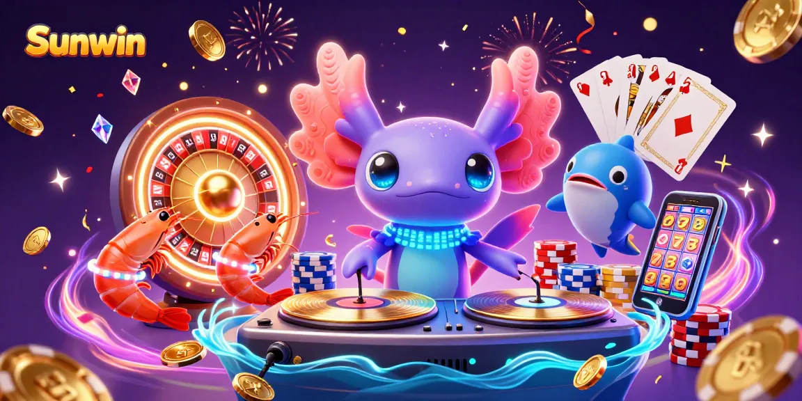 Experience winning moments at Sunwin with vibrant casino elements and energetic underwater characters.