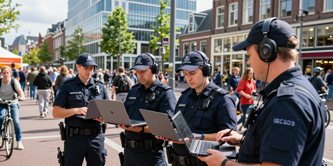 Security personnel ensuring safety and beveiliging den haag during lively city events, showcasing teamwork and professionalism.