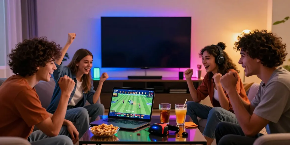 Diverse friends enjoying sports betting on Man88 platform in a lively home setting.