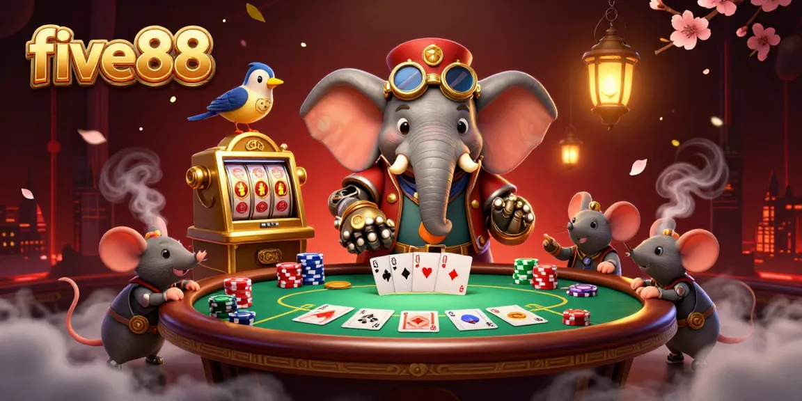 Experience the excitement of five88 with a steampunk elephant operating a slot machine amidst vibrant casino scenes.
