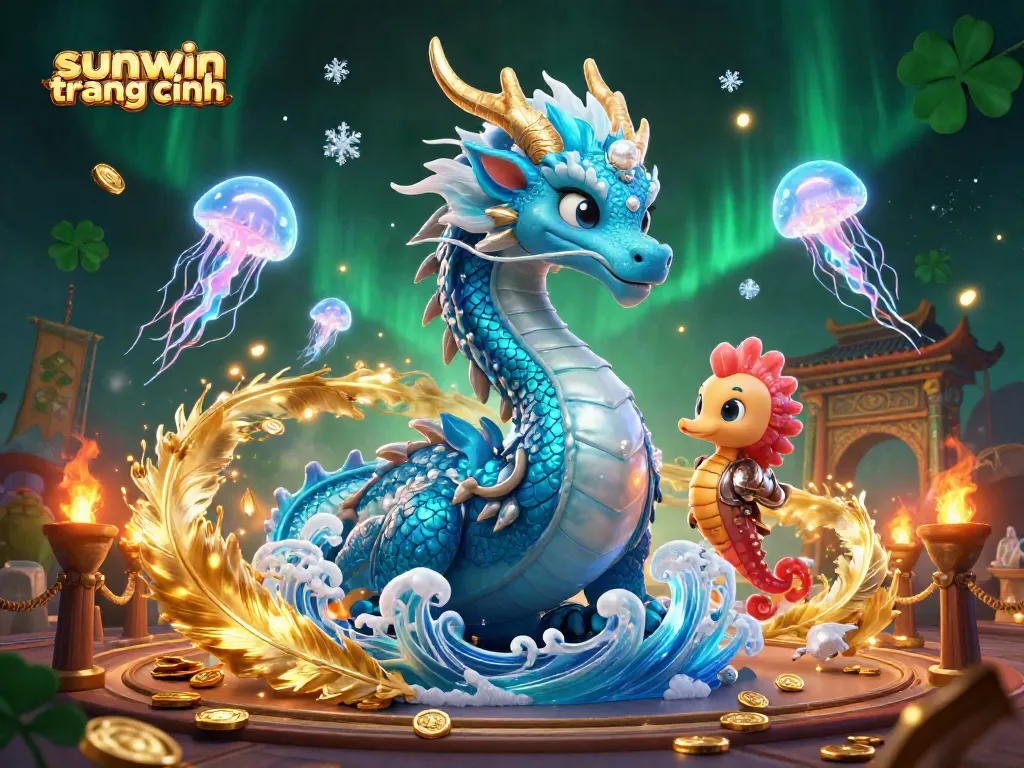 Engage with the vibrant scene of sunwin trang chính featuring a water dragon, seahorse knight, and glowing jellyfish, amidst lively casino elements.