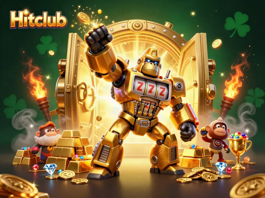 Experience the thrill of Hitclub with an explosive golden gorilla mech amidst treasures and jackpots.