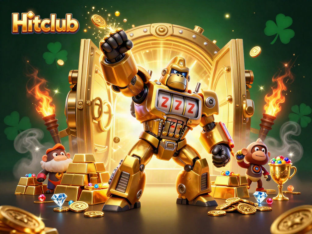 Experience the thrill of Hitclub with an explosive golden gorilla mech amidst treasures and jackpots.