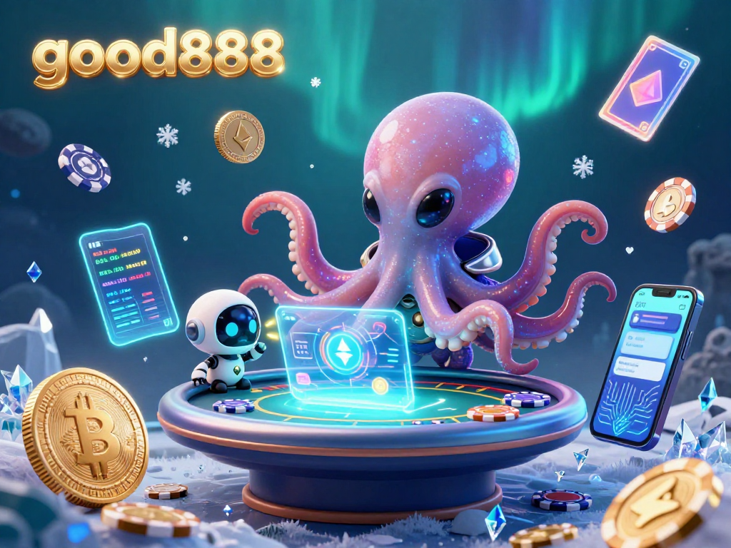 Engage with thrilling poker action at good888, featuring an alien octopus and a tiny robot in a vibrant cosmic casino.