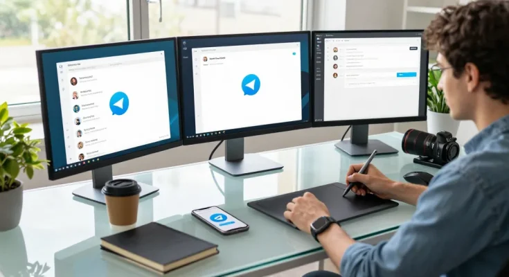 Download Telegram on sleek monitors in a modern digital workspace highlighting user-friendly chat features and notifications.