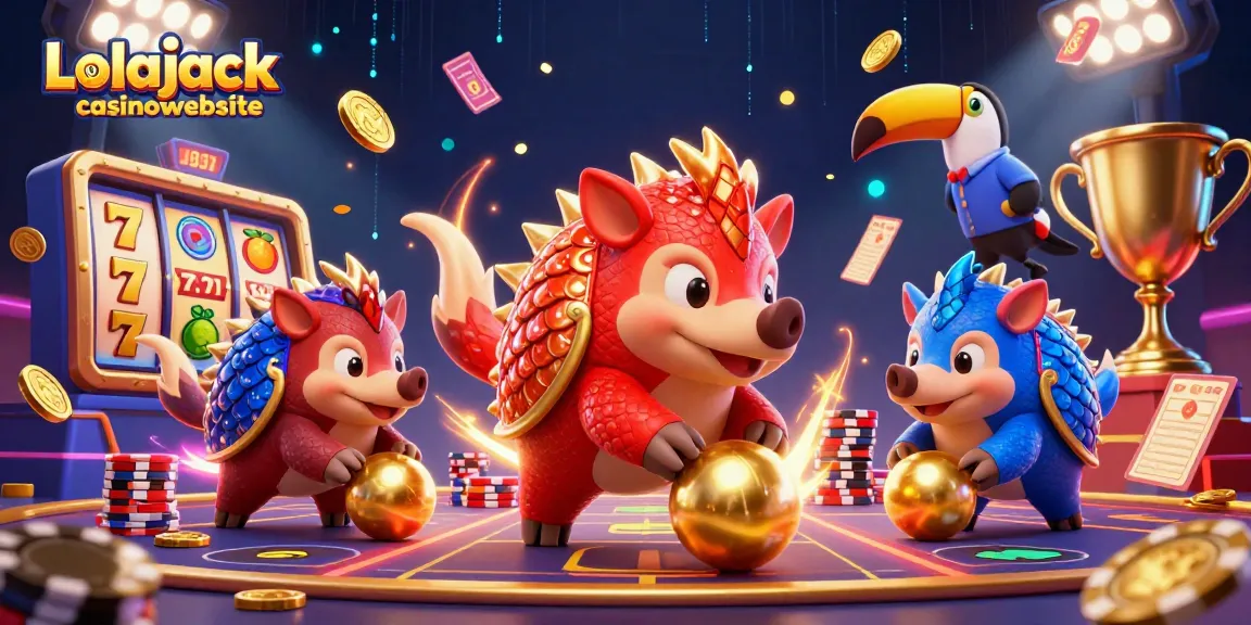Experience gaming excitement at the Lolajack casinowebsite featuring rival pangolins and slot reels.