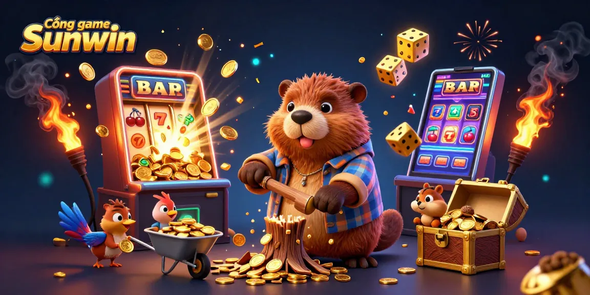 Engage in Cổng game Sunwin with exciting characters, slot machines, and colorful casino elements in a vibrant 3D scene.