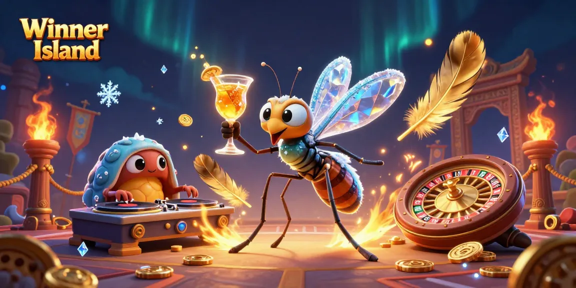 Experience the vibrant gameplay atmosphere of Winner Island Casino with dynamic characters and a golden roulette wheel.