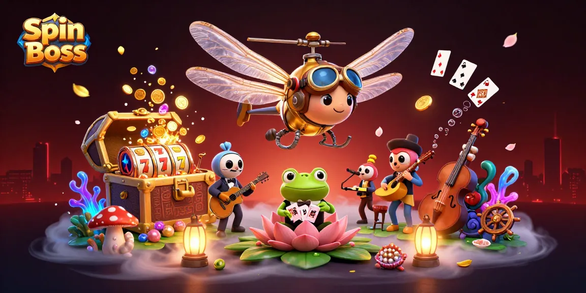 Spin Boss captures the thrill of online gaming with a vibrant casino scene, showcasing a dragonfly pilot and frog dealer.