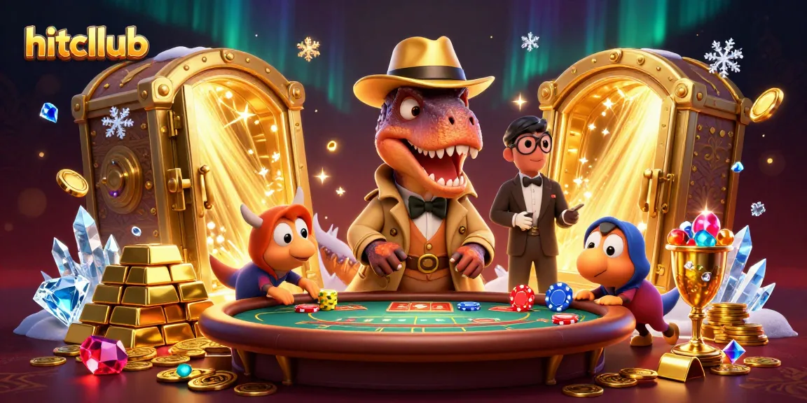 Hitcllub features a cartoon velociraptor at a blackjack table amidst shining treasures and vibrant gems.