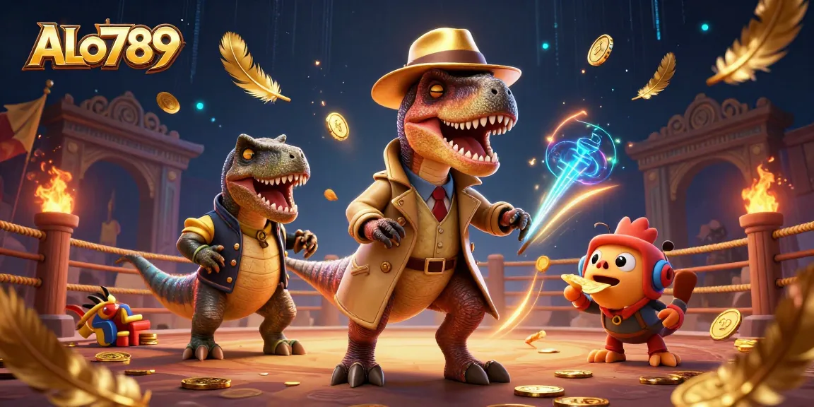 ALo789 cockfighting scene showcasing a cartoon velociraptor counter, engaging in unique gameplay.