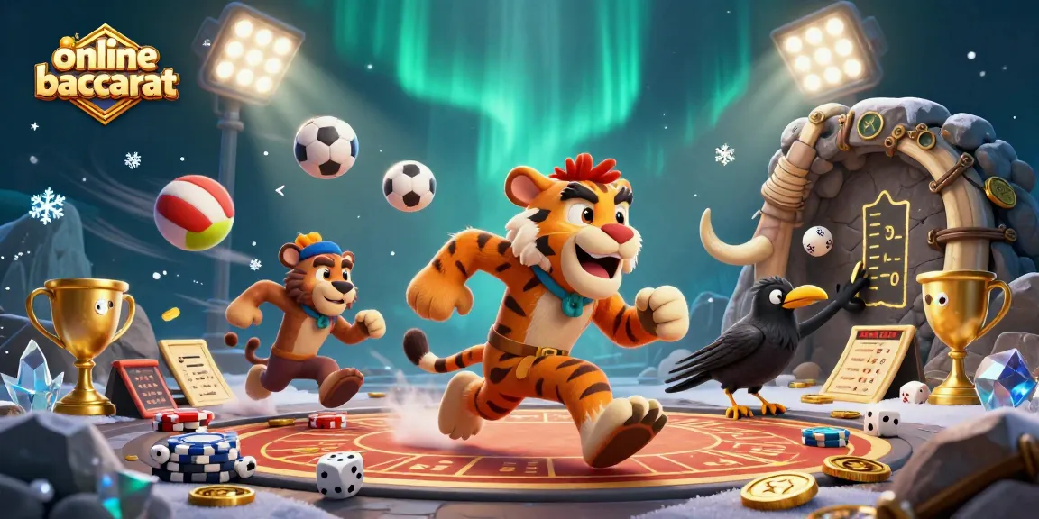 Experience online baccarat excitement with a dynamic scene featuring a caveman and creatures in a casino.